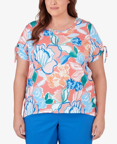 Alfred Dunner Plus Size Neptune Beach Whimsical Floral Top With Side Ties In Coral