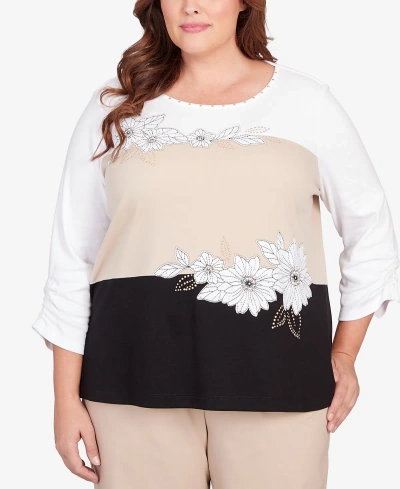 Alfred Dunner Plus Size Neutral Territory Blocked Floral Embroidery Top In Multi