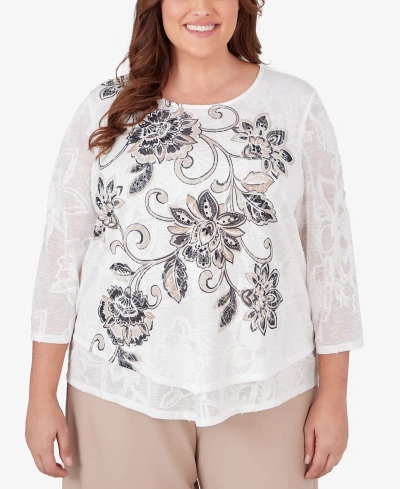 Alfred Dunner Plus Size Neutral Territory Floral Jacquard Point Hem Top In Multi
