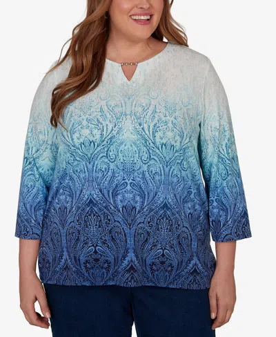 Alfred Dunner Plus Size Ombre Medallion Knit Top In Denim