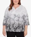 Alfred Dunner Plus Size Ombre Scroll Split Beaded Neck Top In Gray
