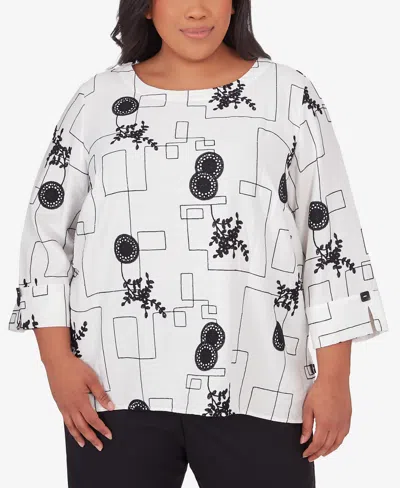 Alfred Dunner Plus Size Opposites Attract Black White Geometric Top In Multi