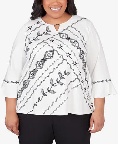 Alfred Dunner Plus Size Opposites Attract Embroidered Leaf Top In White