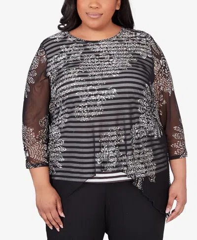 Alfred Dunner Plus Size Opposites Attract Floral Mesh Stripe Top In Multi