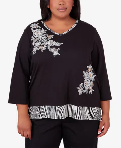 Alfred Dunner Plus Size Opposites Attract Flower Top With Animal Trim In Black