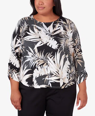 Alfred Dunner Plus Size Opposites Attract Printed Leaves Top With Necklace In Multi