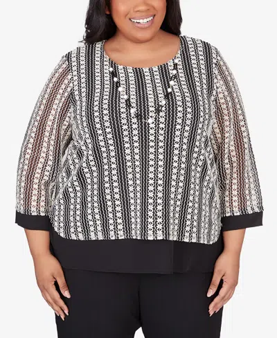 Alfred Dunner Plus Size Opposites Attract Striped Texture Top With Necklace In Multi