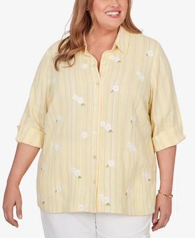 Alfred Dunner Plus Size Out Of The Blue Embroidered Daisy Stripes Button Front Top In Yellow