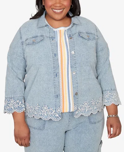 Alfred Dunner Plus Size Out Of The Blue Floral Embroidered Scallop Trim Jacket
