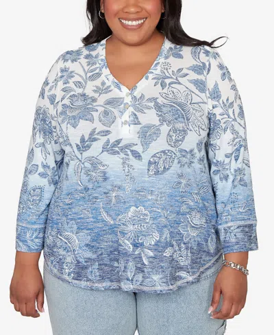 Alfred Dunner Plus Size Out Of The Blue Ombre Batik Floral Henley Top