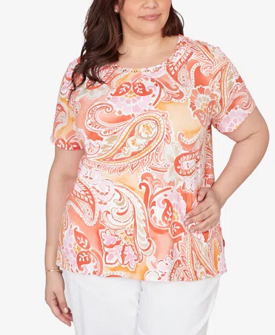 Alfred Dunner Plus Size Paisley Beaded Neck Pleated T-shirt In Orange