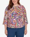 Alfred Dunner Plus Size Paisley Three Quarter Sleeve Top In Multi