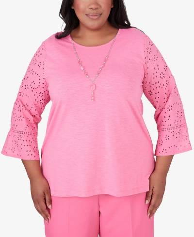 Alfred Dunner Plus Size Paradise Island Eyelet Trim Top With Detachable Necklace In Peony