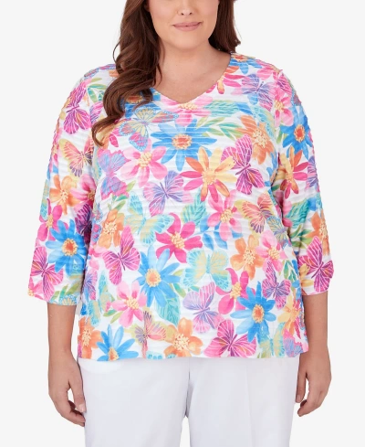 Alfred Dunner Plus Size Paradise Island Floral And Butterfly Pleated Ruffle Top In Multi