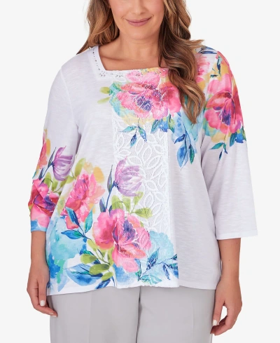 Alfred Dunner Plus Size Paradise Island Long Sleeve Flower Lace Top In Multi