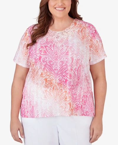 Alfred Dunner Plus Size Paradise Island Ombre Medallion Top With Lace Detail In Peony