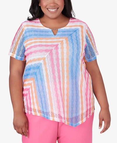 Alfred Dunner Plus Size Paradise Island Short Sleeve Spliced Stripe Top In Multi