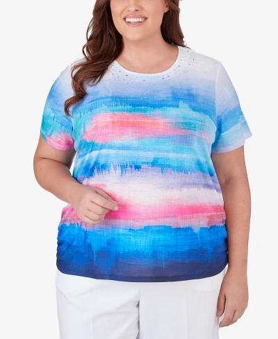 Alfred Dunner Plus Size Paradise Island Short Sleeve Watercolor Stripe Top With Side Ruching In Multi