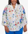 Alfred Dunner Plus Size Parrot Cay Abstract Watercolor Button Down Collared Top In Cobalt Multi