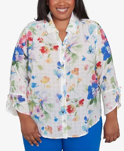 Alfred Dunner Plus Size Parrot Cay Abstract Watercolor Button Down Collared Top In Cobalt Multi
