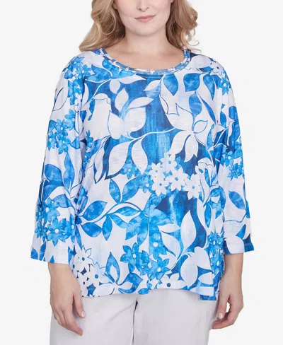 Alfred Dunner Plus Size Parrot Cay Monotone Cobalt Floral Top In Cobalt Blue