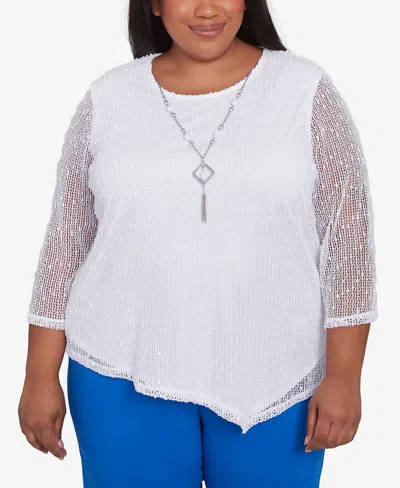 Alfred Dunner Plus Size Parrot Cay Popcorn Mesh Crew Neck Top With Necklace In White