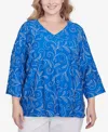 Alfred Dunner Plus Size Parrot Cay Scroll Embroidered Cuff Sleeve Top In Cobalt Blue