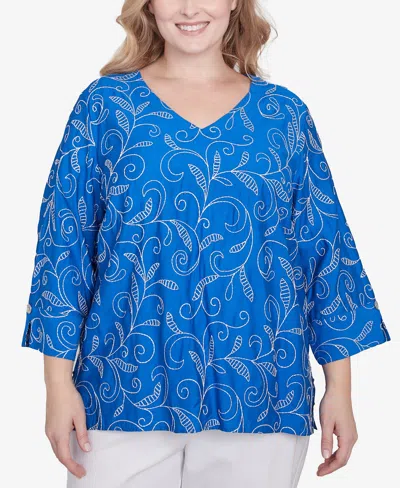 Alfred Dunner Plus Size Parrot Cay Scroll Embroidered Cuff Sleeve Top In Cobalt Blue