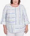 Alfred Dunner Plus Size Parrot Cay Spliced Textured Jacquard Crew Neck Top In Cobalt Multi