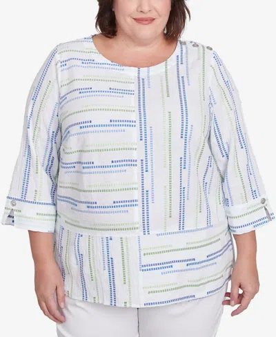 ALFRED DUNNER PLUS SIZE PARROT CAY SPLICED TEXTURED JACQUARD CREW NECK TOP