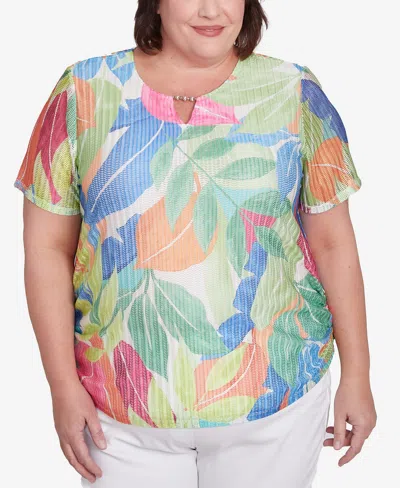 ALFRED DUNNER PLUS SIZE PARROT CAY TEXTURED TROPICAL BEADED NECK TOP