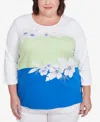 Alfred Dunner Plus Size Parrot Cay Tropical Colorblock Floral Crew Neck Top In Cobalt Multi