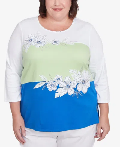 Alfred Dunner Plus Size Parrot Cay Tropical Colorblock Floral Crew Neck Top In Cobalt Multi
