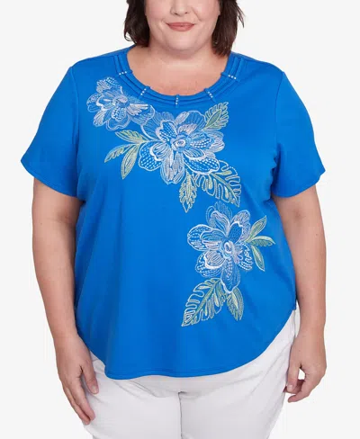 Alfred Dunner Plus Size Parrot Cay Tropical Floral Embroidered T-shirt In Cobalt Blue