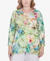 Alfred Dunner Plus Size Parrot Cay Tropical Toucan Crew Neck Top In Multi Green