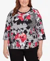 Alfred Dunner Plus Size Patchwork Diamond Floral Crew Neck Top In Black