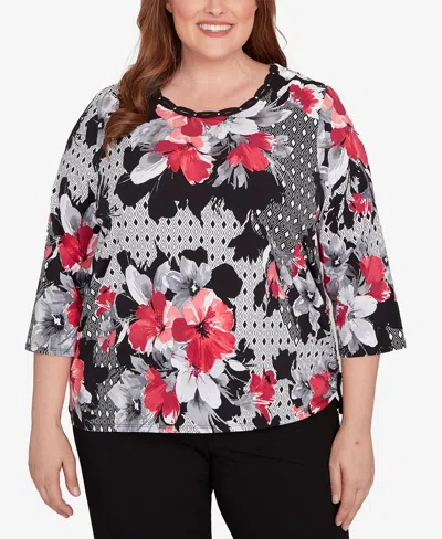 Alfred Dunner Plus Size Patchwork Diamond Floral Crew Neck Top In Black