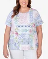 ALFRED DUNNER PLUS SIZE PATCHWORK FLORAL BRAIDED NECK TEE