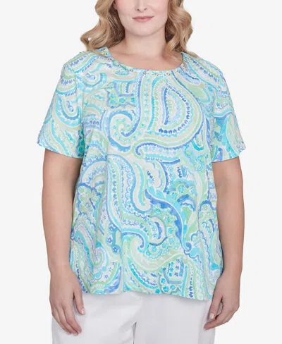 Alfred Dunner Plus Size Pleated Crew Neck Paisley Top In Multi Blue