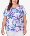 ALFRED DUNNER PLUS SIZE PLEATED NECK FLORAL SHORT SLEEVE TEE