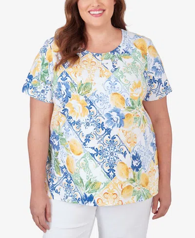 Alfred Dunner Plus Size Pleated Neck Lemons Short Sleeve Top In Yellow
