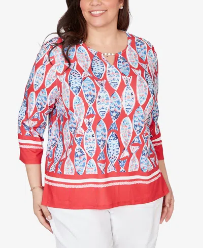 Alfred Dunner Plus Size Port Side Mosaic Fish Split Beaded Neck Top In Red