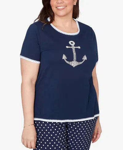 Alfred Dunner Plus Size Port Side Pearl Anchor Graphic T-shirt In Blue