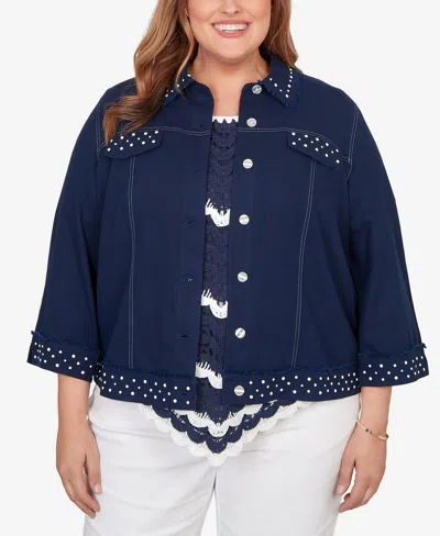 Alfred Dunner Plus Size Port Side Pearl Trim Denim Jacket In Blue