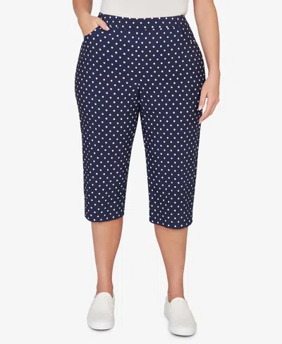 Alfred Dunner Plus Size Port Side Polka Dot Flat Front Denim Capri Pants In Blue