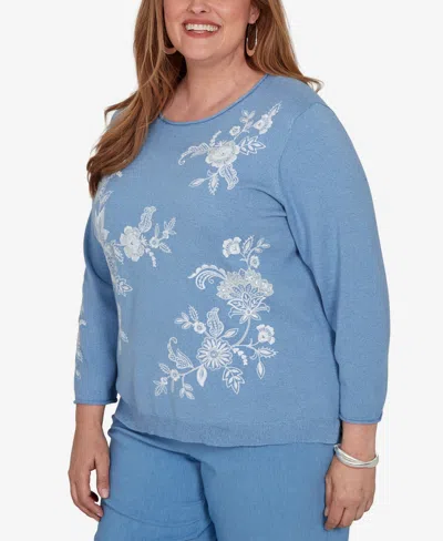 Alfred Dunner Plus Size Provence Lacey Floral Embroidered Sweater In Blue