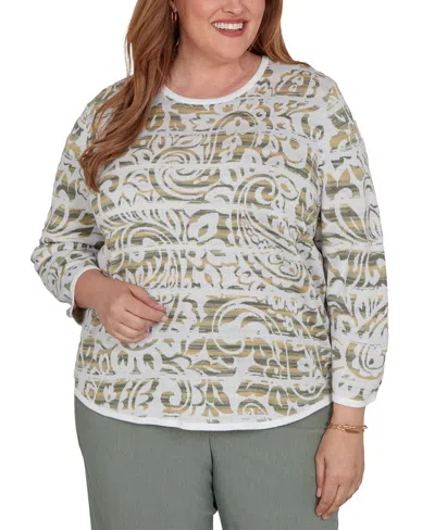 Alfred Dunner Plus Size Provence Paisley Stripe Spacedye Sweater In White