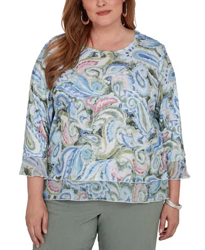 Alfred Dunner Plus Size Provence Paisley Woven Trim Knit Top In Blue