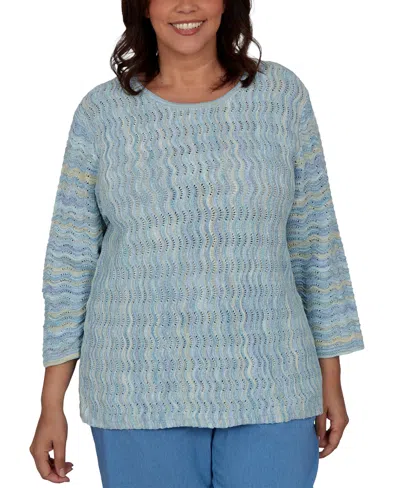 Alfred Dunner Plus Size Provence Scalloped Stripes Textured Sweater In Blue