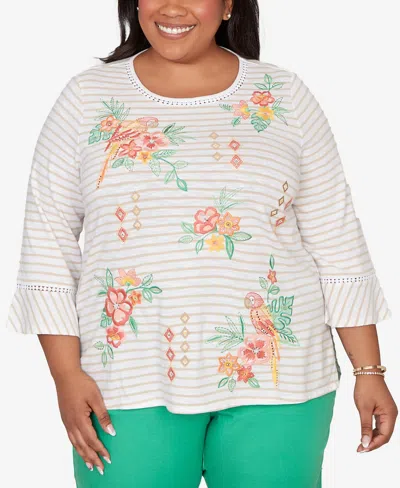 Alfred Dunner Plus Size Resort Living Parrot Stripe Embroidered Top In Neutral
